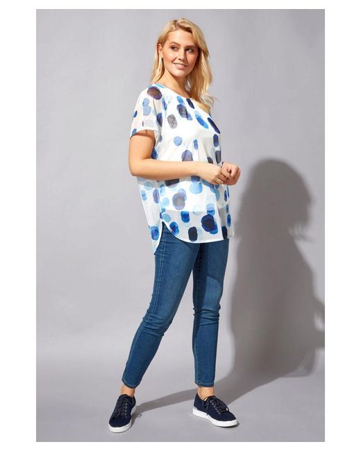 Roman Blue Spot Mesh Overlay Top