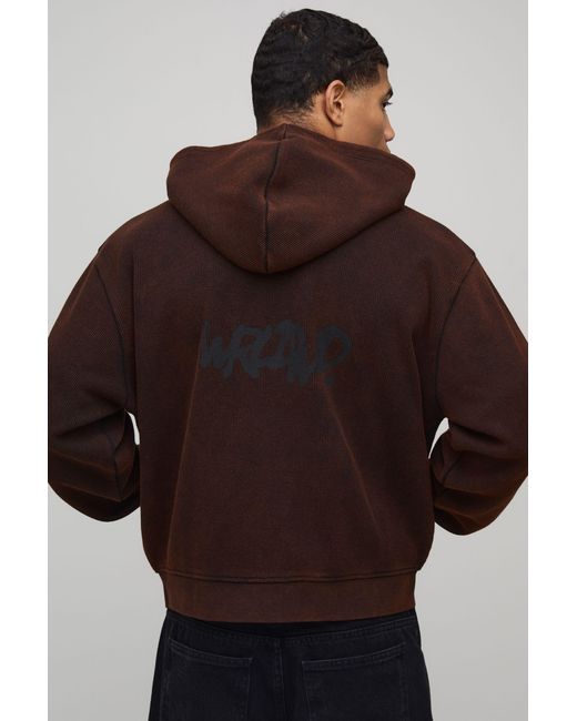 BoohooMAN Brown Oversized Boxy Heavyweight Washed Wrldwd Zip Through Hoodie for men