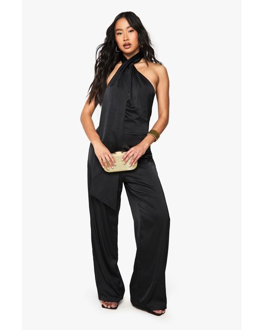 Boohoo Blue Satin Scarf Detail Jumpsuit