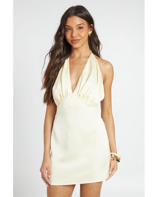 Boohoo White Pleated Satin Halterneck Mini Dress