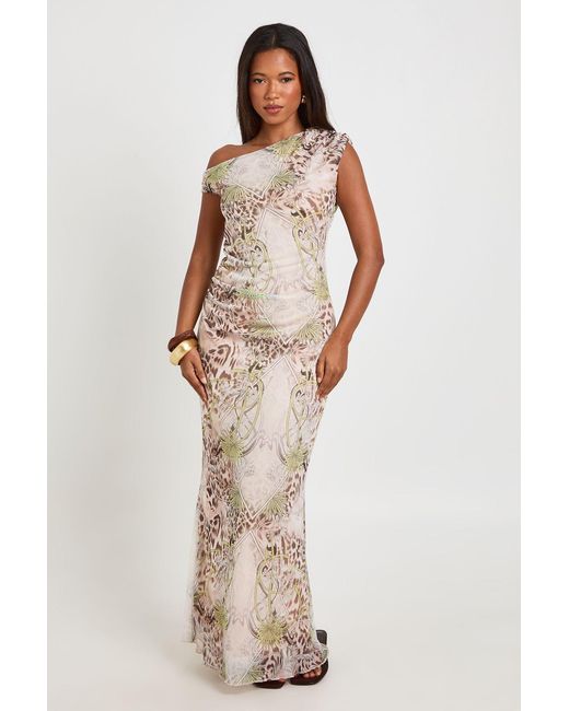 Boohoo Natural Print Printed Mesh Asym Neck Maxi Dress