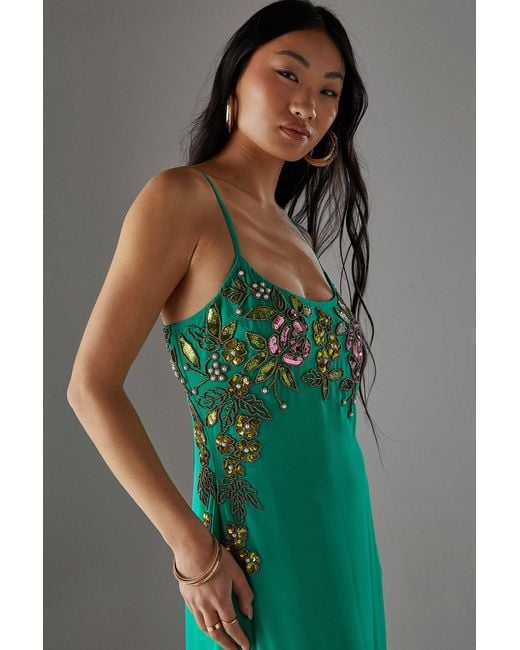 Warehouse Green Petite Hand Embellished Strappy Bias Midi Dress