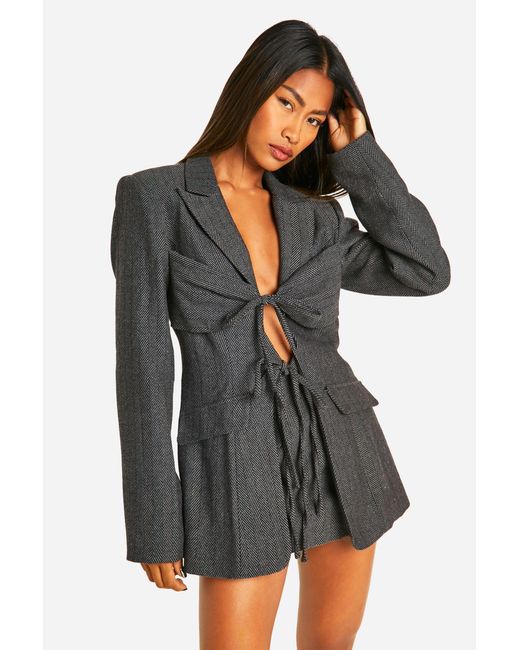 Boohoo Black Herringbone Tie Front Fitted Blazer