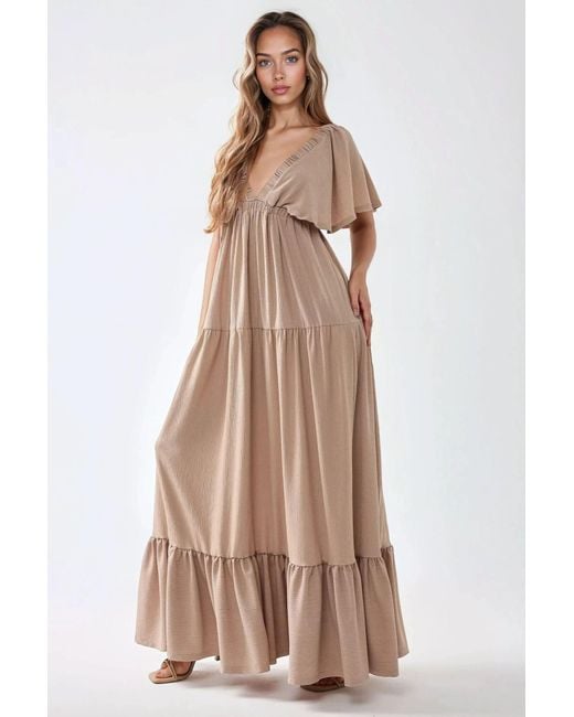 Hiccup Natural Textured V-Neck A-Form Maxi Dress