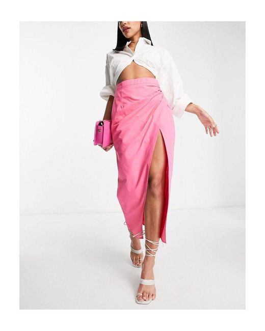 ASOS Pink Cotton Midi Skirt With Side Ruched Split