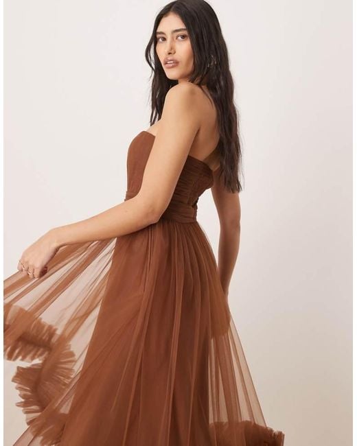 LACE & BEADS Brown Corset Tulle Ruffle Hem Midaxi Dress