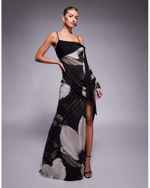 ASOS Blue Asymmetric Neckline Maxi Dress With Spliced Drape Detailing