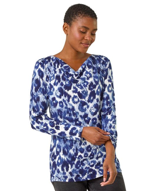 Roman Blue Animal Print Cowl Neck Tunic Top