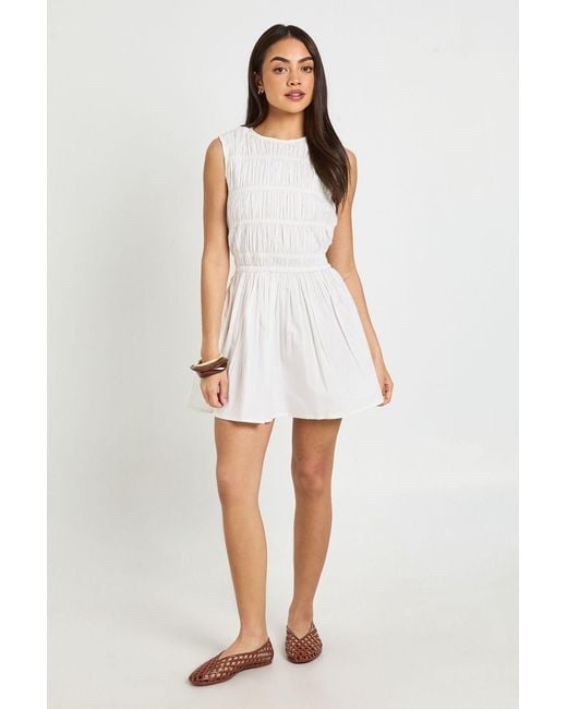 Boohoo White Cotton Poplin Shirred Mini Dress