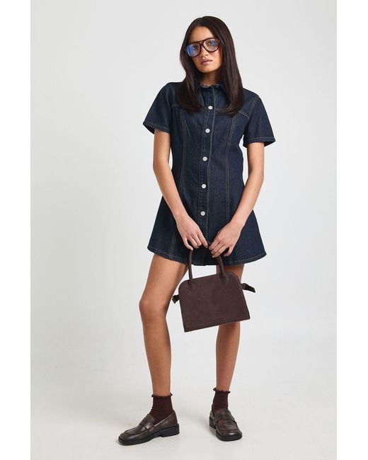 Boohoo Blue Short Sleeve Cinched Waist Denim Dress