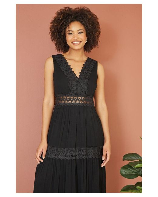 Yumi' Black Lace Trim Cotton Midi Sun Dress