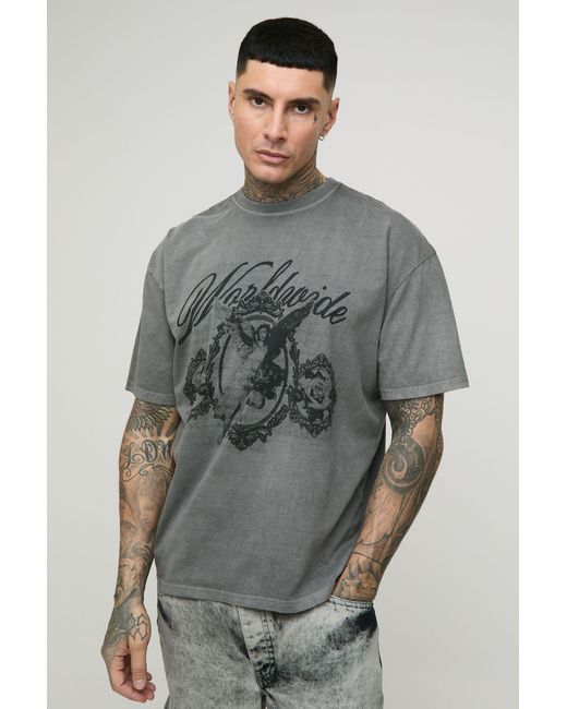 BoohooMAN Gray Tall Oversized Renaissance Print Washed Print T-Shirt for men