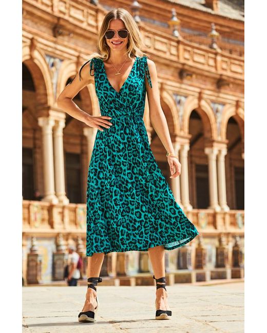 Sosandar Metallic Print Tie Shoulder Midi Jersey Dress