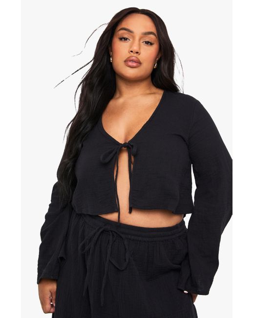 Boohoo Black Plus Cheesecloth Long Sleeve Tie Front Top