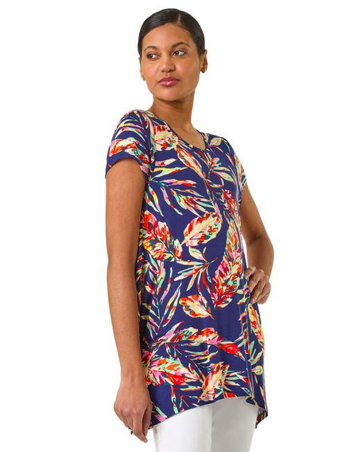 Roman Red Leaf Print Hanky Hem Tunic Top