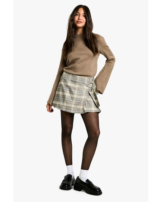 Boohoo Natural Check Pleated Mini Skirt With Buckle Fastening