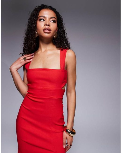 Vesper Petite Red Bengaline Square Neck Cut Out Midaxi Dress With Thigh Split