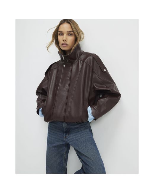 River Island Brown Jacket Faux Leather Funnel Neck
