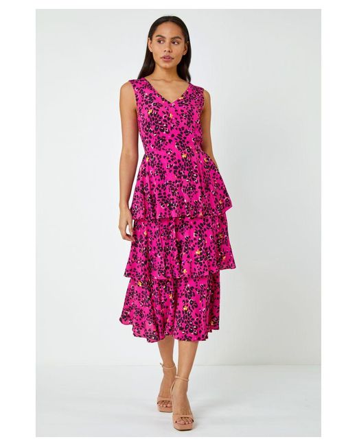 D.u.s.k Purple Abstract Animal Print Tiered Midi Dress