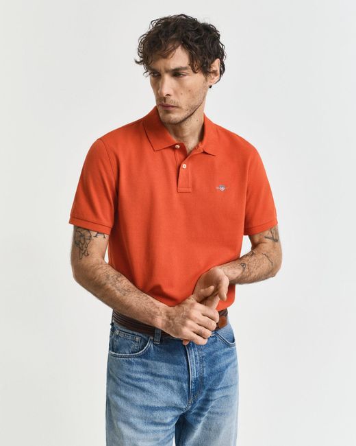 Gant Orange Regular Fit Short Sleeve Shield Logo Pique Polo for men