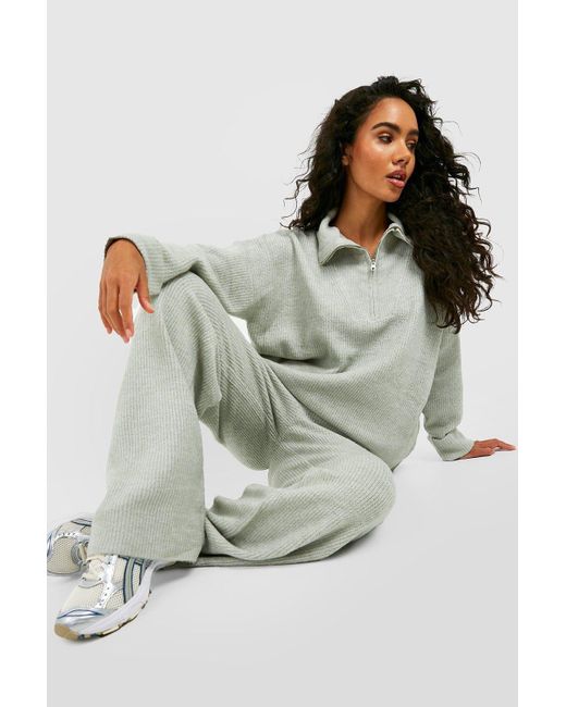 Boohoo Gray Funnel Neck And Wide Leg Trouser Knitted Tracksuit