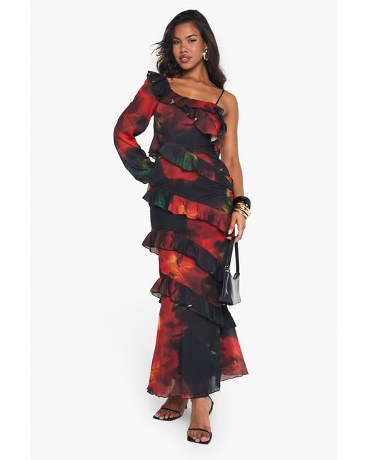 Boohoo Red Dark Floral Ruffle Maxi Dress