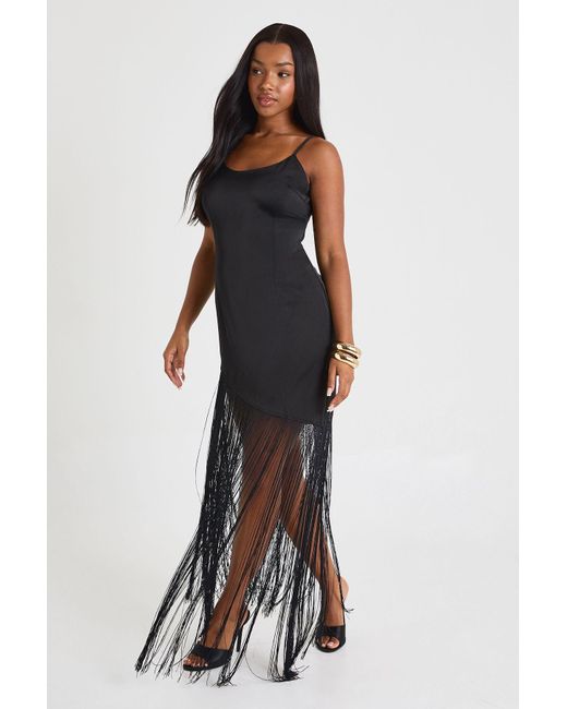 Boohoo Blue Satin Fringe Midaxi Slip Dress