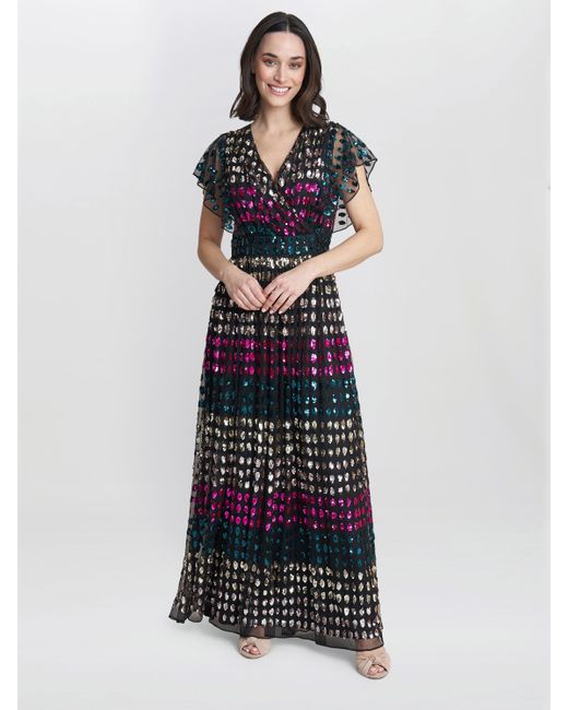 Gina Bacconi White Tiffany Multi Colour Sequin Dress With Butterfly Sleeve