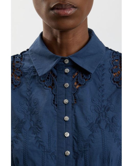 Karen Millen Blue Cotton Cutwork Balloon Sleeve Woven Midi Dress