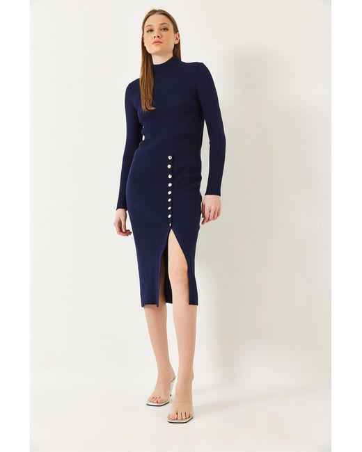 Bianco Lucci Blue Ribbed Textured Turtleneck Midi Knitted Dress