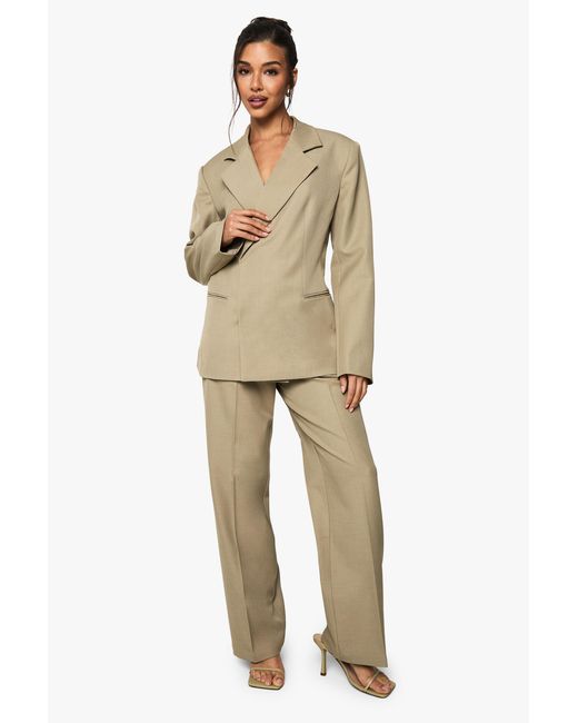 Boohoo Natural Tailored Textured Woven Straight Leg Trouser