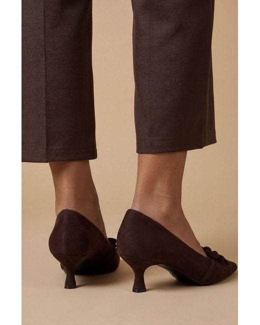 Oasis Brown Rita Faux Suede Double Bow Mary Jane Kitten Heel Court Shoes