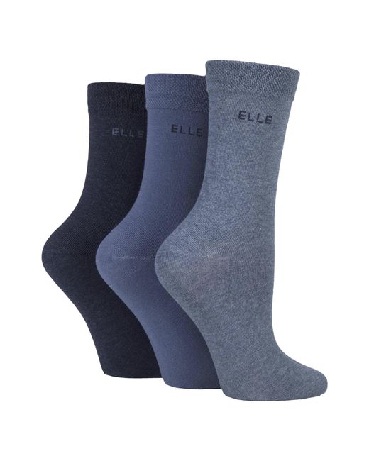 Elle Blue 3 Pack Ladies Plain Cotton Socks