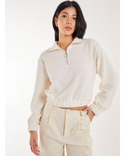 Pink Vanilla White High Neck Zip Up Cropped Sweatshirt