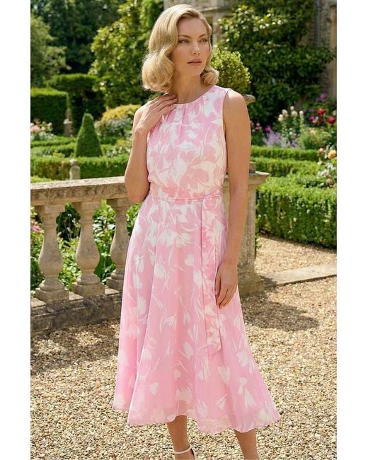 Roman Green Floral Chiffon Pleat Neck Dress