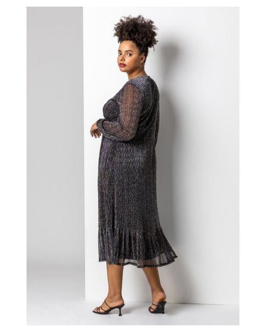Roman Curve Black Metallic Plisse Frill Hem Dress