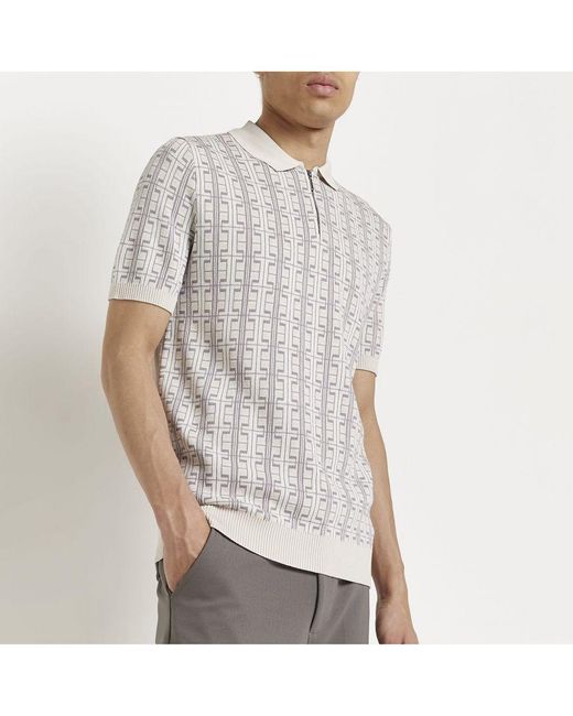 River Island White Polo Shirt Beige Slim Fit Print Knitted for men
