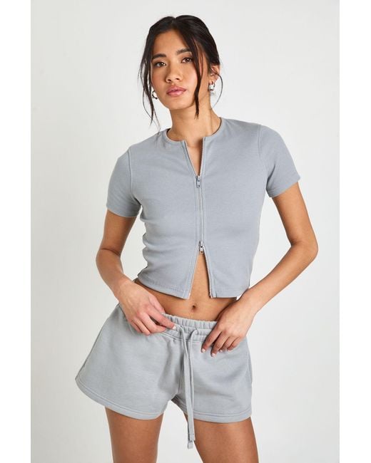 Boohoo Gray Ribbed Zip Through Cap Sleeve Top And Short Tracksuit