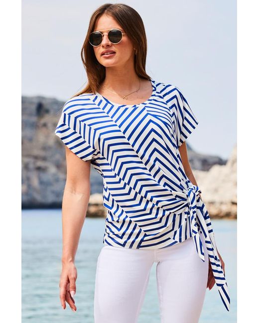 Sosandar White Ivory & Stripe Print Tie Waist Jersey T-Jersey Shirt