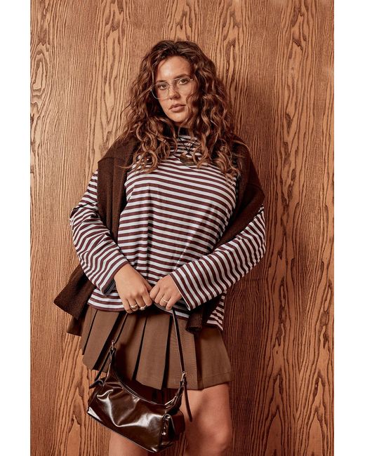 Boohoo Brown Plus Crew Neck Oversized Stripe Top