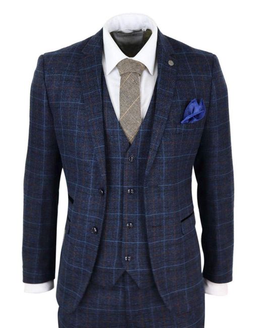 Paul Andrew Blue 3 Piece Tweed Check Vintage Suit for men