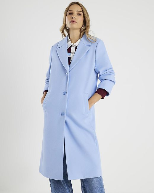 River Island Blue Longline Coat Single Breasted