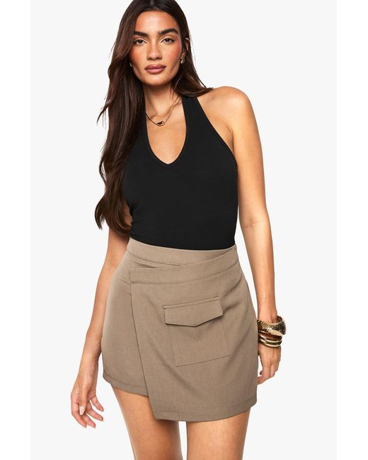 Boohoo Black Wrap Over Pocket Detail Tailored Skirt