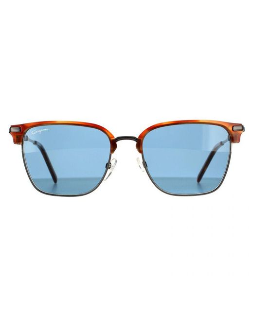 Ferragamo Blue Rectangle Dark Ruthenium Striped Sunglasses for men