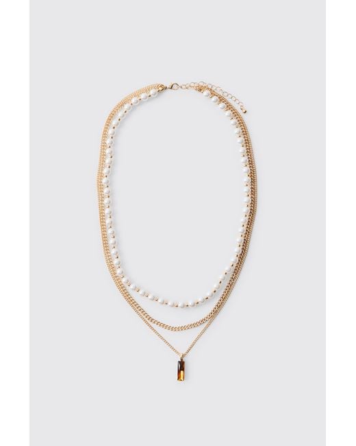 BoohooMAN White Layered Mock Pearl Gem Pendant Necklace for men