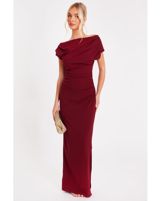 Quiz Red Burgundy Asymmetric Ruched Maxi Dress