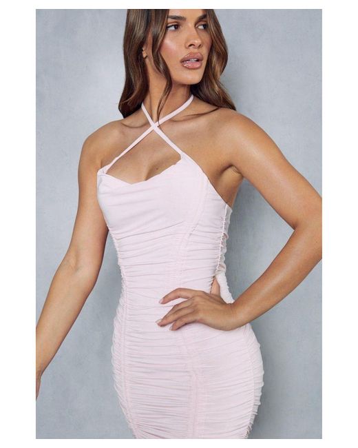 MissPap White Double Layer Slinky Ruched Halterneck Mini Dress