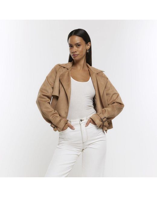 River Island White Jacket Brown Faux Suede Crop Trench Suedette