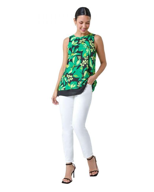 Roman Green Floral Print Double Layer Vest Top