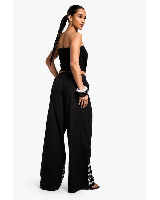 Boohoo Black Petite Wide Leg Broderie Hem Trouser
